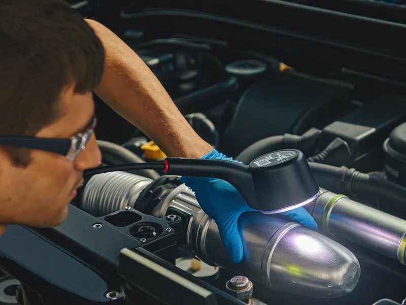 Tehnician folosind lampa UV pentru a căuta o scurgere pe o conductă de aluminiu